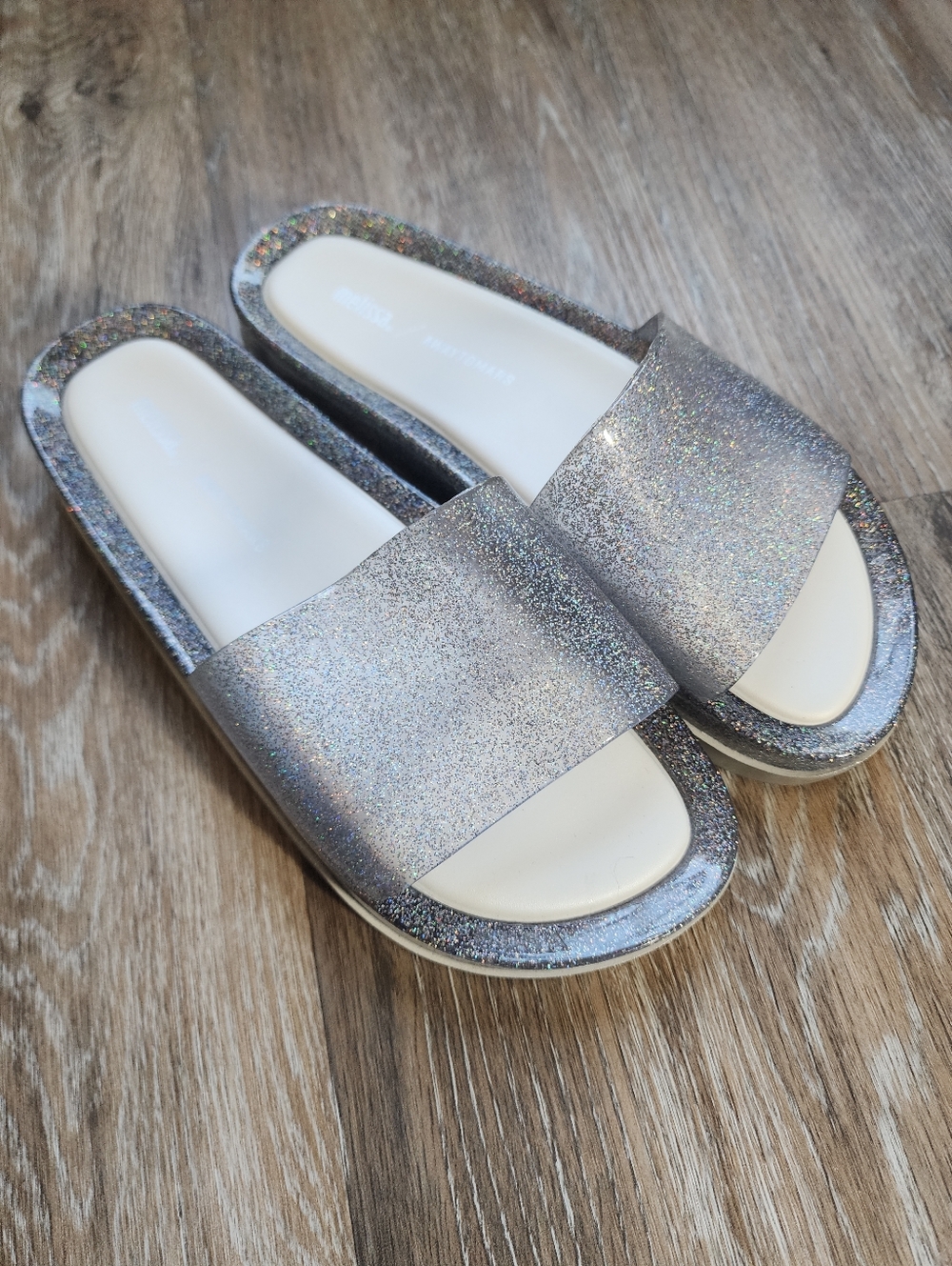 Melissa x Away To Mars Silver Giltter Sandals Glitter Slide Size 9
